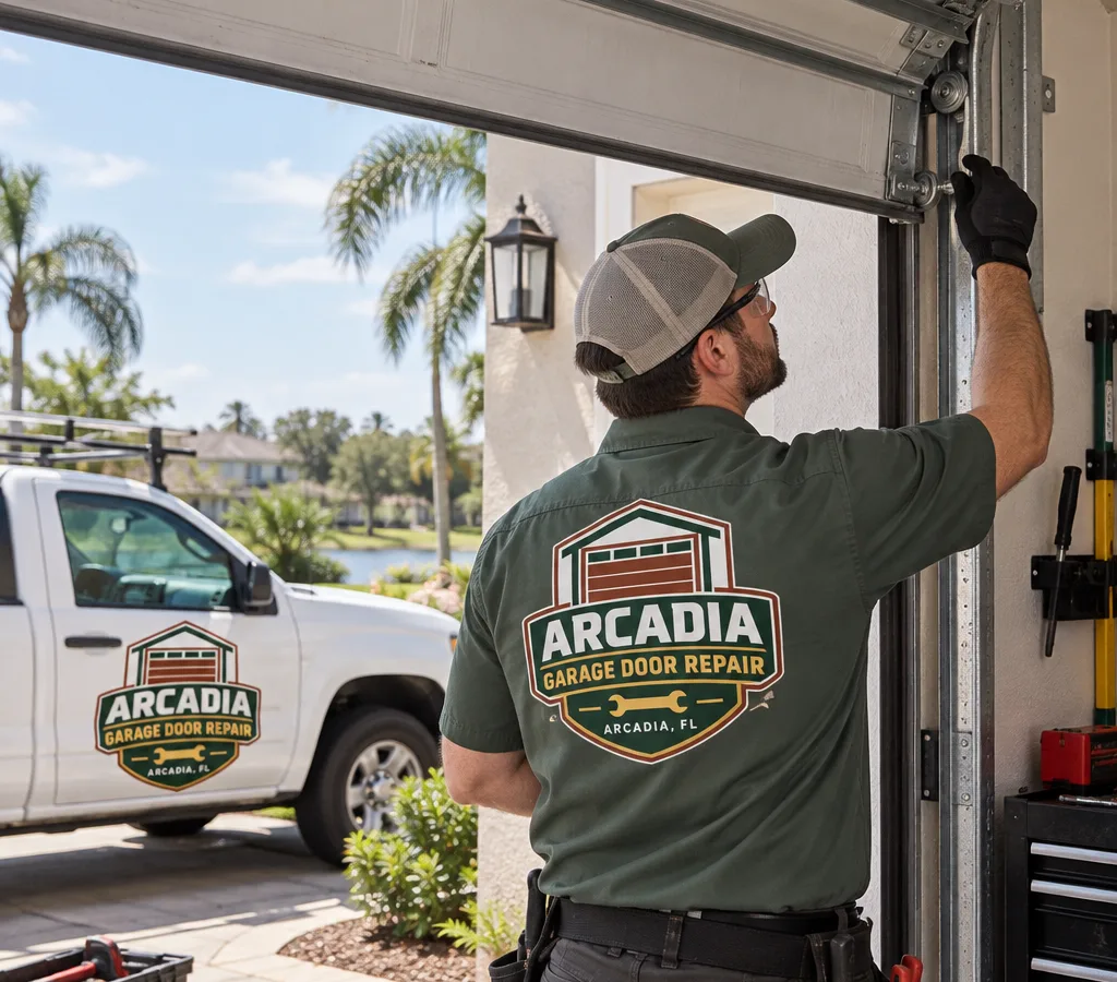 Technician inspecting a residential sectional garage door in Arcadia