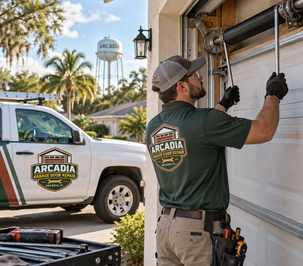 Technician replacing torsion springs above an open residential garage door
