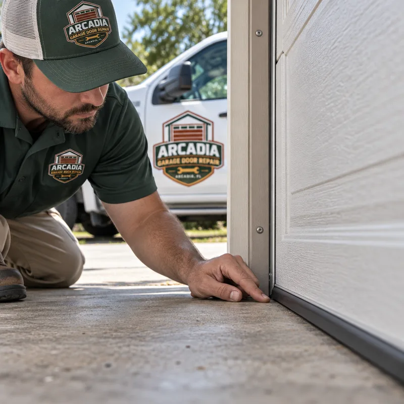 Garage door bottom seal seated evenly along the threshold with minimal daylight at the corners