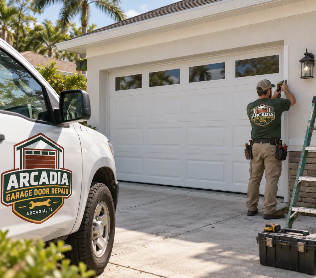 Newly installed residential garage door on a single-story Florida home
