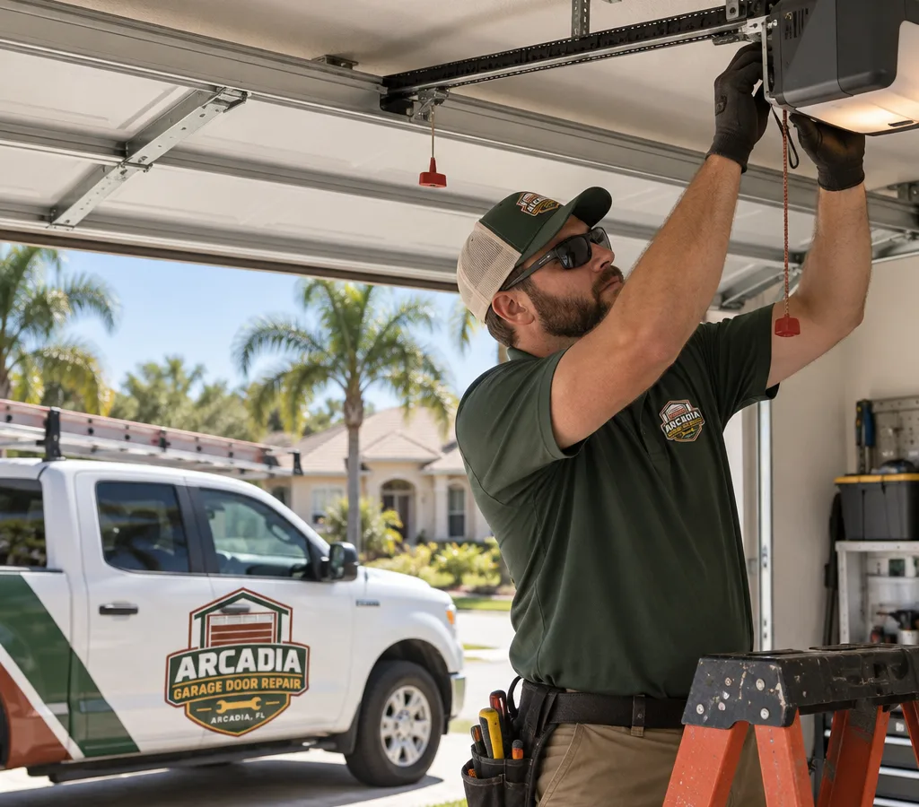 Technician diagnosing a ceiling-mounted garage door opener in a residential garage