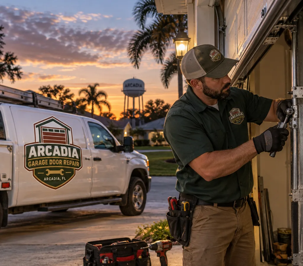 Residential garage door partially open at night with technician tools nearby