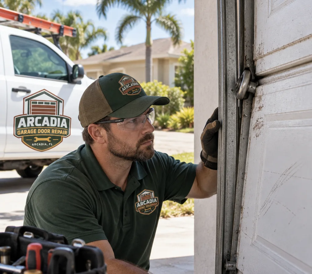 Technician resetting a residential sectional garage door that has slipped off the vertical track, with rollers visible and the door braced safely in place